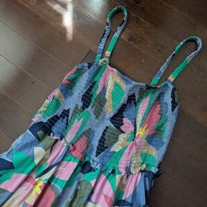 Smocked Floral Midi Dress with Adjustable Straps and Handkerchief Hem